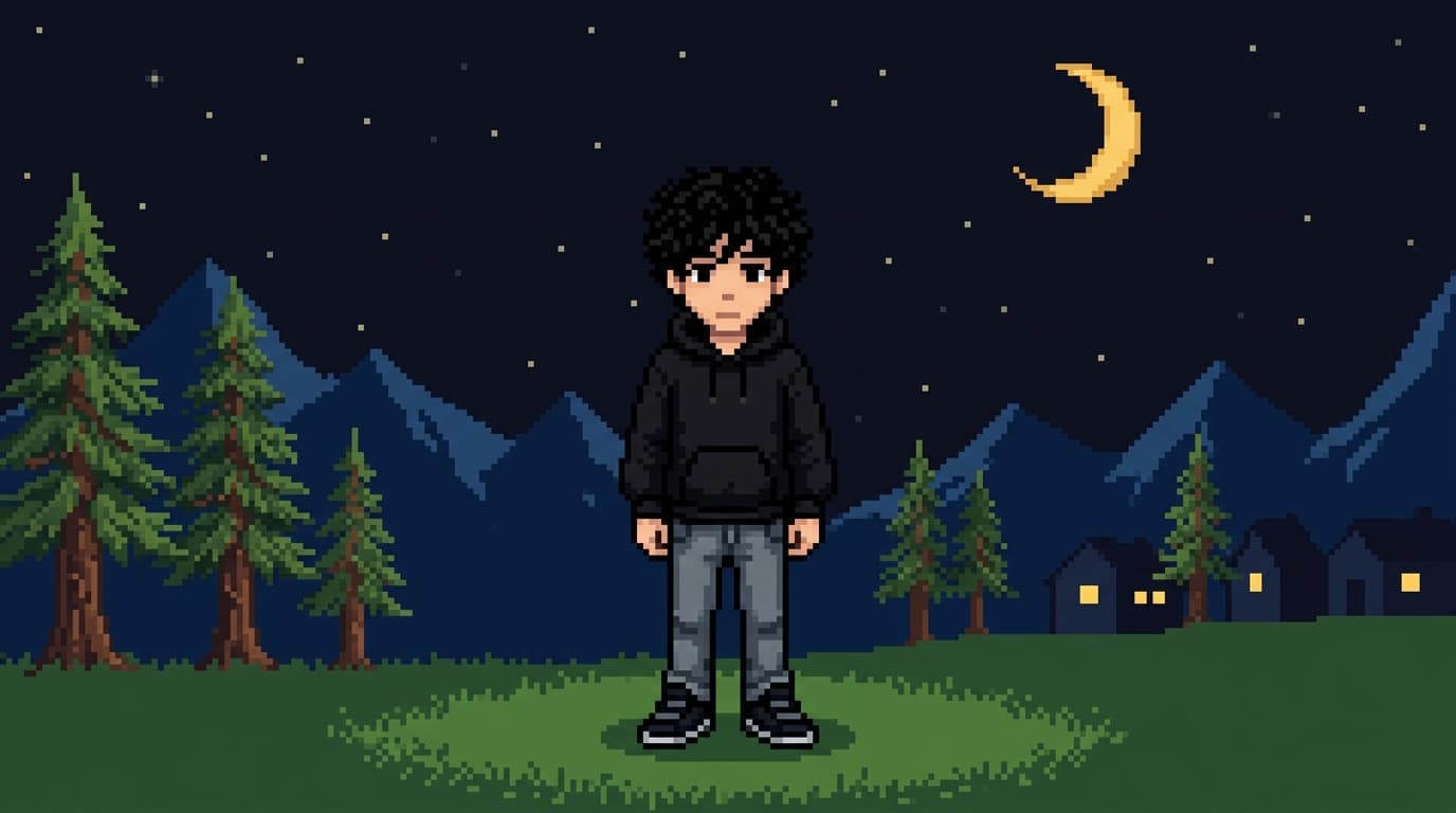 Pixel art character standing in a night scene